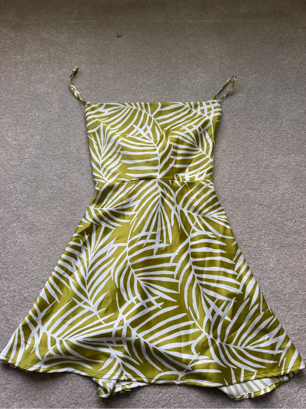 Strapless Palm-Print A-Line Dress in Olive Green